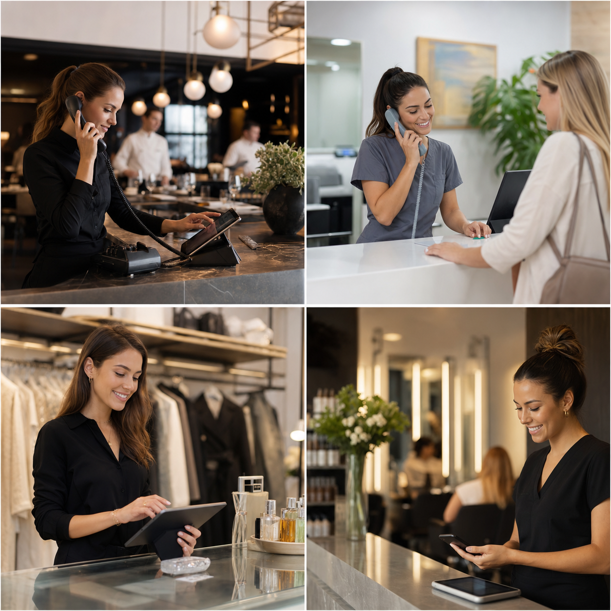Four-panel editorial collage of restaurant, clinic, retail, and salon service moments.