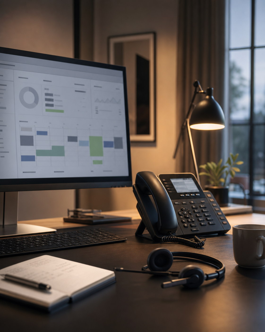 Premium business workspace with a desk phone, headset, and abstract operations dashboard.