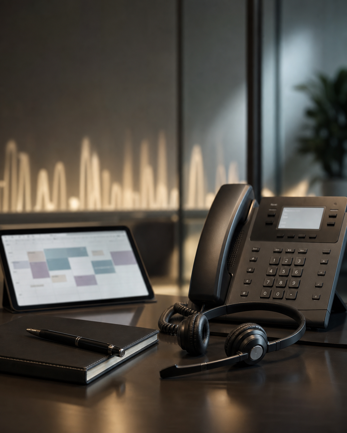 Editorial close-up of a professional phone, headset, and scheduling tablet.